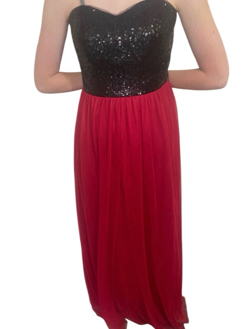 Christina Wu Celebration Black sequin & Dark Red Tulle strapless gown size 2